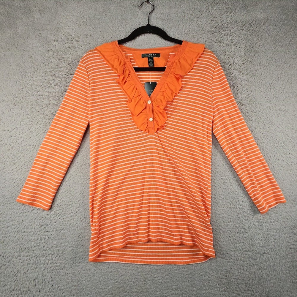 Ralph Lauren Shirt Womens M Orange LRL Preppy Coastal Nautical Ruffle 3/4 Sleeve